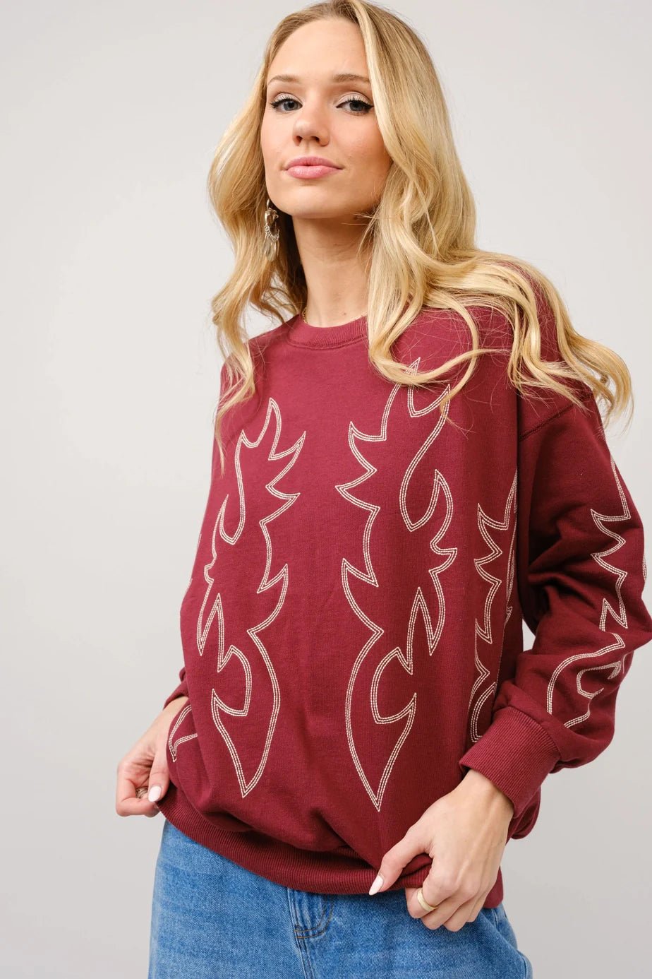 Western Boot Stitch Burgundy Sweatshirt - Bumpkin Ranchwear