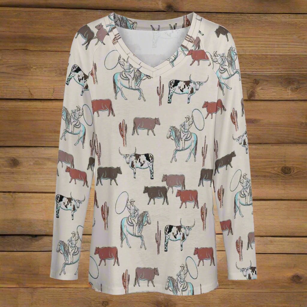 Western Cattle Long Sleeve Top - Bumpkin Ranchwear