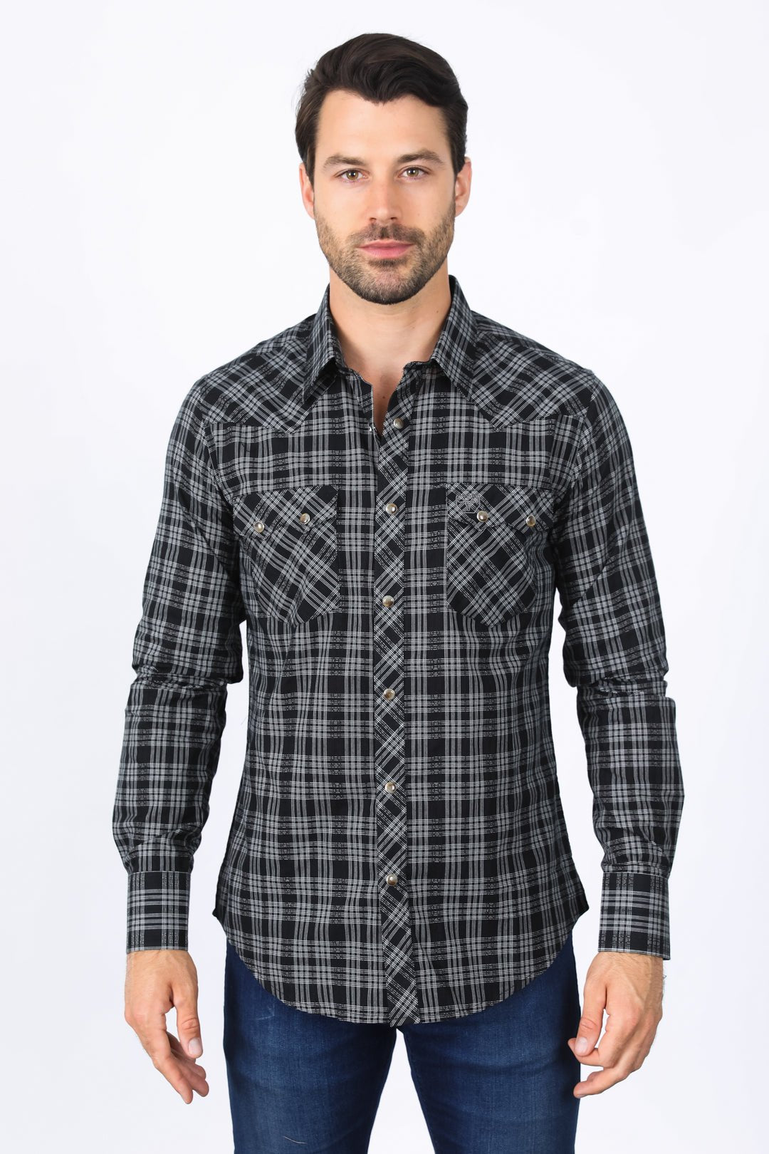 Western Checkered Black Long Sleeve Shirts