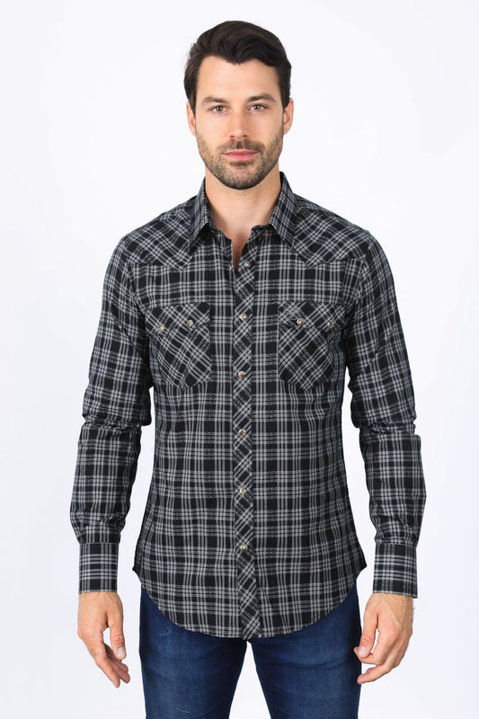 Western Checkered Black Long Sleeve Shirts
