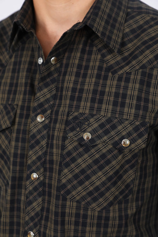 Western Checkered Black Long Sleeve Shirts