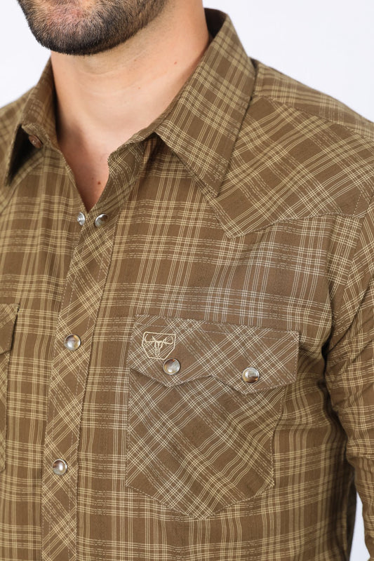 Western Checkered Light Brown Long Sleeve Shirts