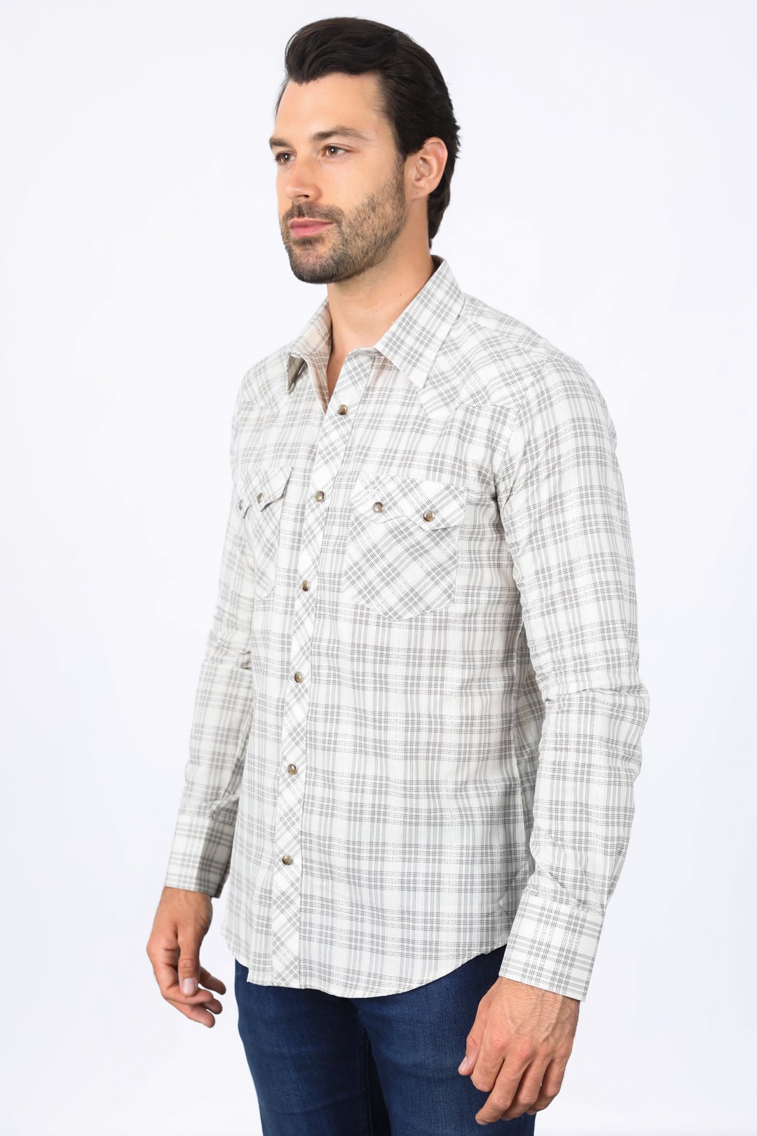 Western Checkered White Long Sleeve Shirts