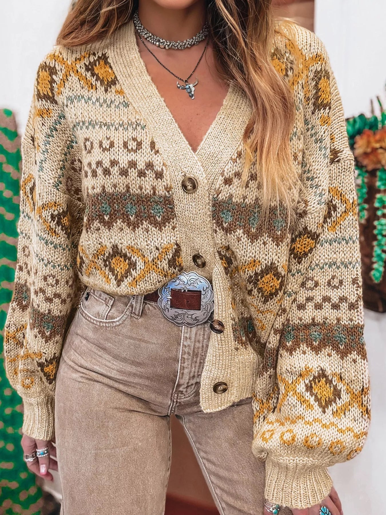 Western Pattern Knitted Button V Neck Cardigan Sweater - Bumpkin Ranchwear