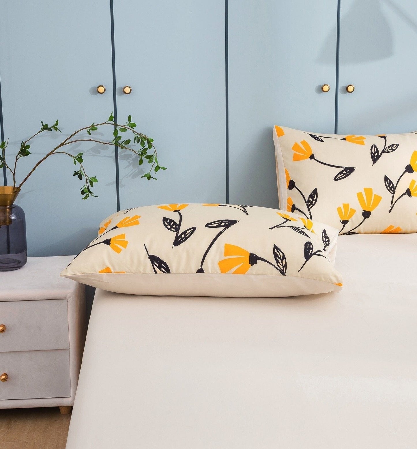 Yellow Fleur Golden Orange Floral Ivory Fitted & Flat Bed Sheets Set - Bumpkin Ranchwear