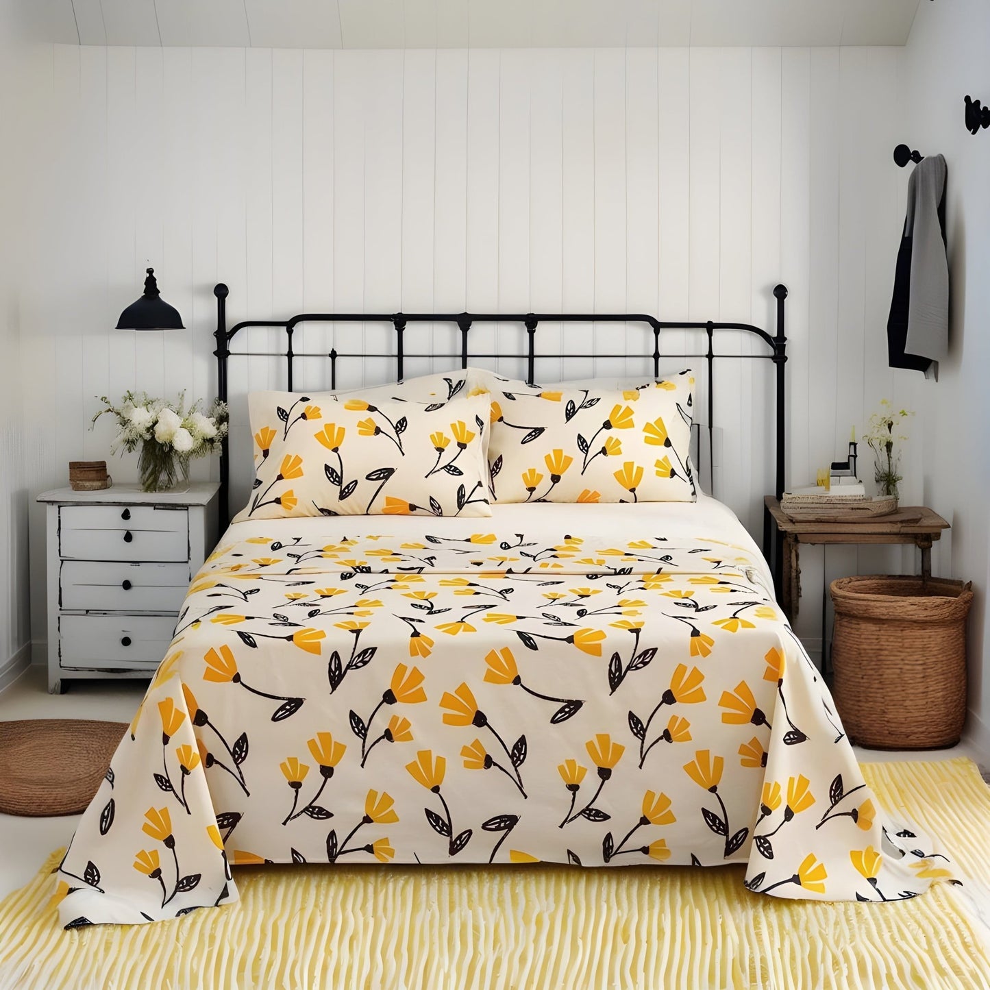 Yellow Fleur Golden Orange Floral Ivory Fitted & Flat Bed Sheets Set - Bumpkin Ranchwear
