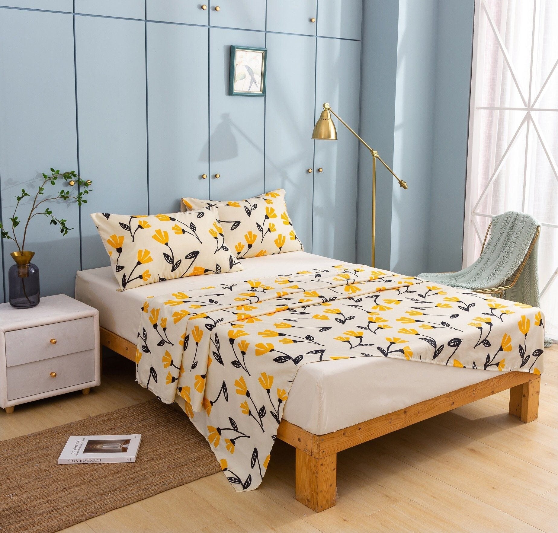 Yellow Fleur Golden Orange Floral Ivory Fitted & Flat Bed Sheets Set - Bumpkin Ranchwear