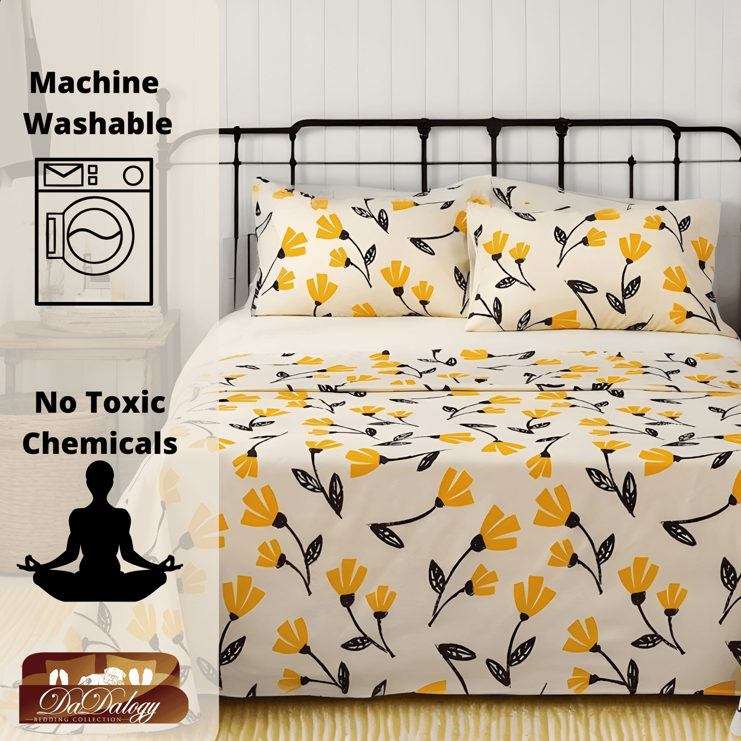Yellow Fleur Golden Orange Floral Ivory Fitted & Flat Bed Sheets Set - Bumpkin Ranchwear