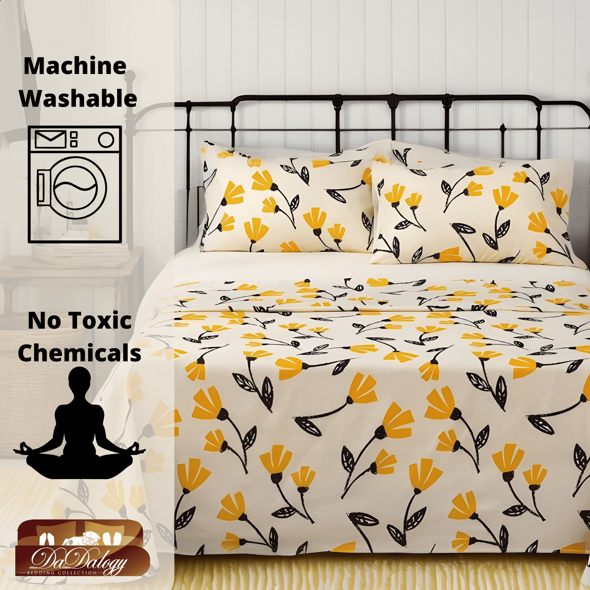 Yellow Fleur Golden Orange Floral Ivory Fitted & Flat Bed Sheets Set - Bumpkin Ranchwear