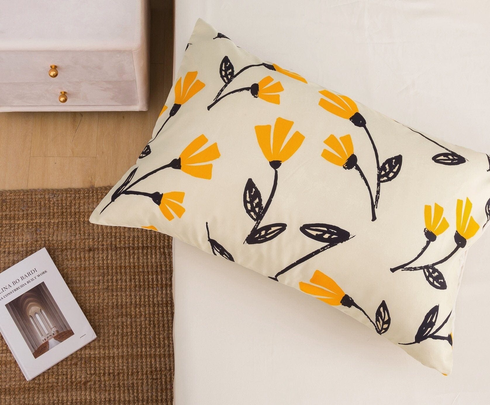 Yellow Fleur Golden Orange Floral Ivory Fitted & Flat Bed Sheets Set - Bumpkin Ranchwear