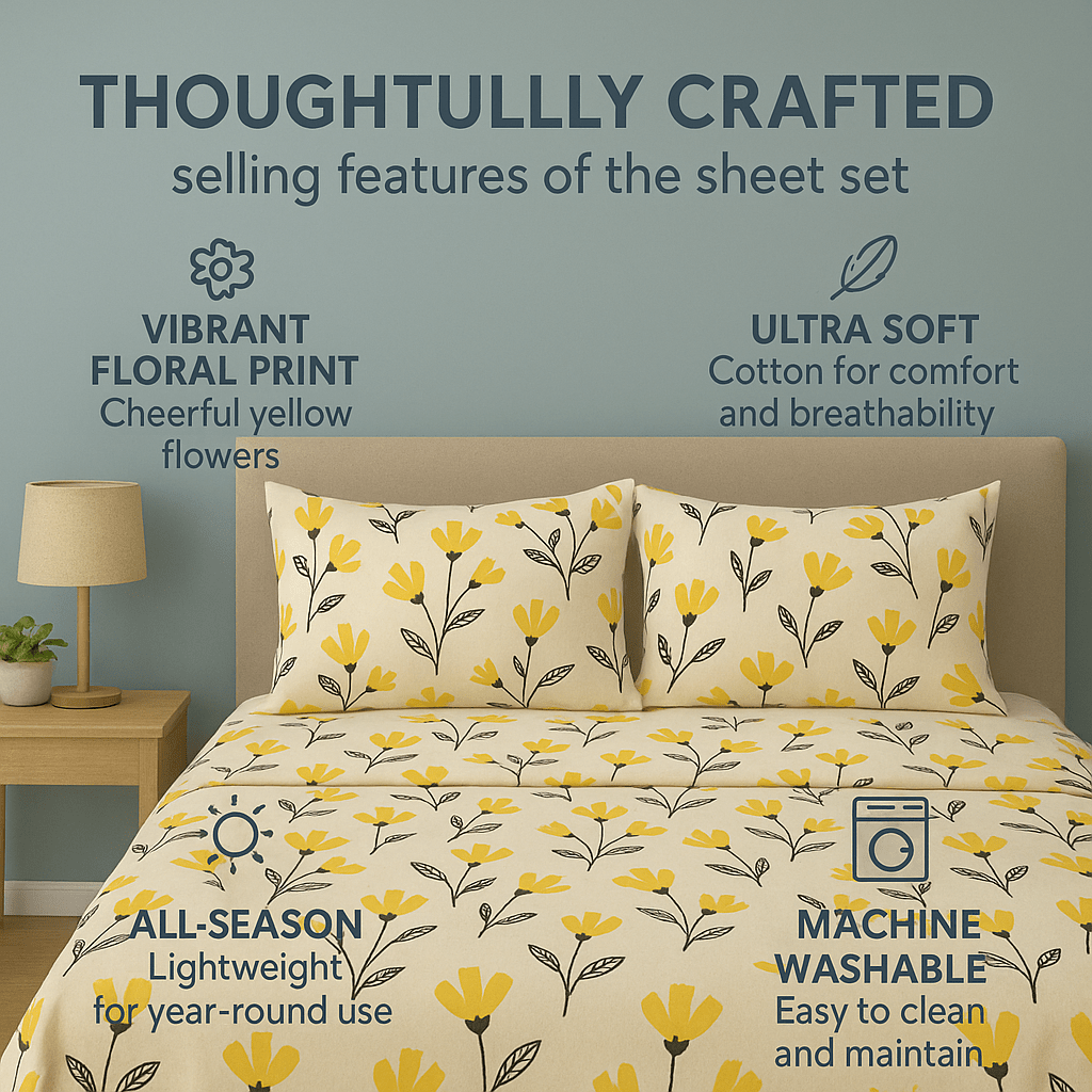 Yellow Fleur Golden Orange Floral Ivory Fitted & Flat Bed Sheets Set - Bumpkin Ranchwear