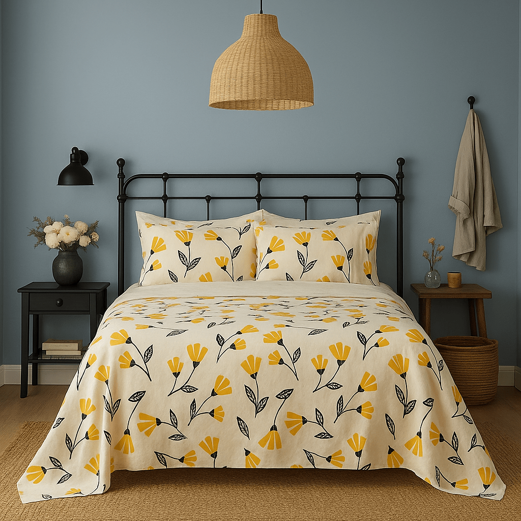Yellow Fleur Golden Orange Floral Ivory Fitted & Flat Bed Sheets Set - Bumpkin Ranchwear
